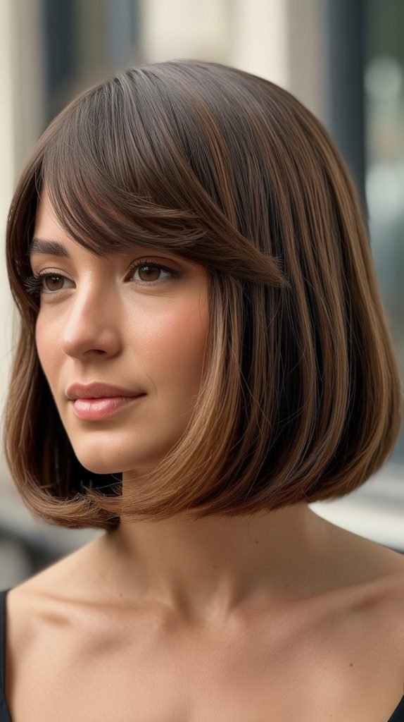 30. Tapered Long Bob with Blended Curtain Bangs