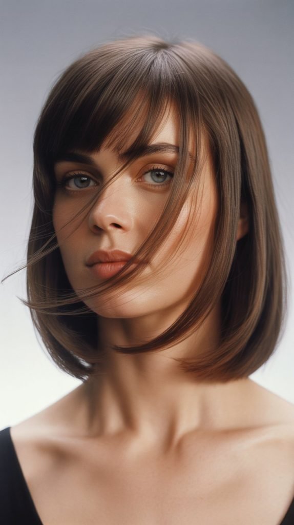 8. Long Bob with Side-Swept Curtain Bangs