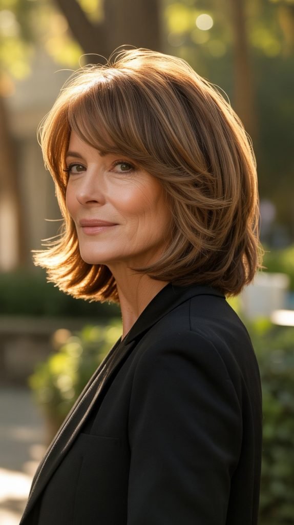 2. Layered Long Bob with Side-Swept Bangs