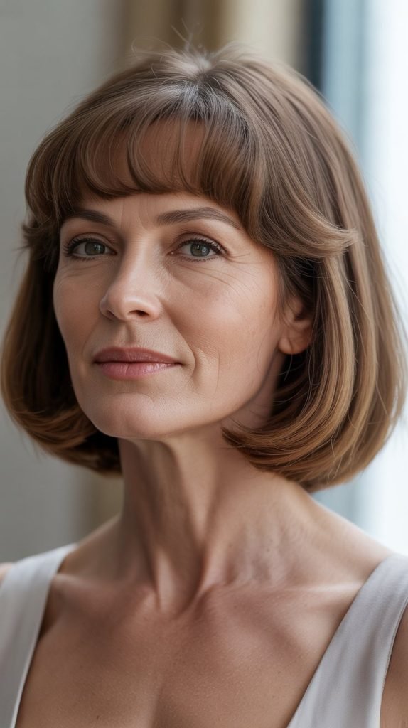 Long Bob with Curtain Bangs for Heart-Shaped Faces