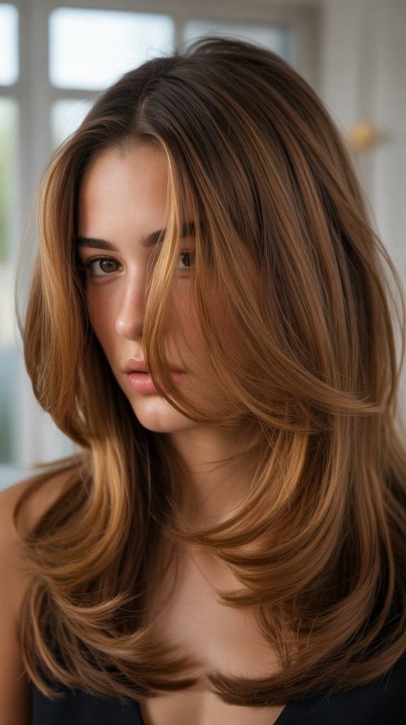 Face-Framing Caramel Highlights for Medium Brown Layered Hair