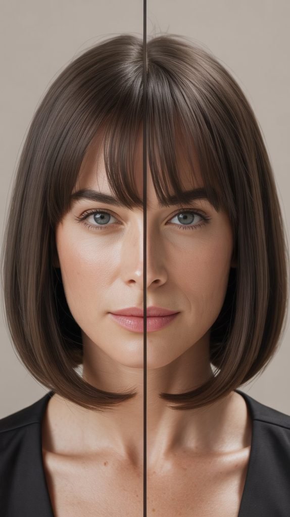 Lob with Curtain Bangs Styled with Middle-to-Side Transition