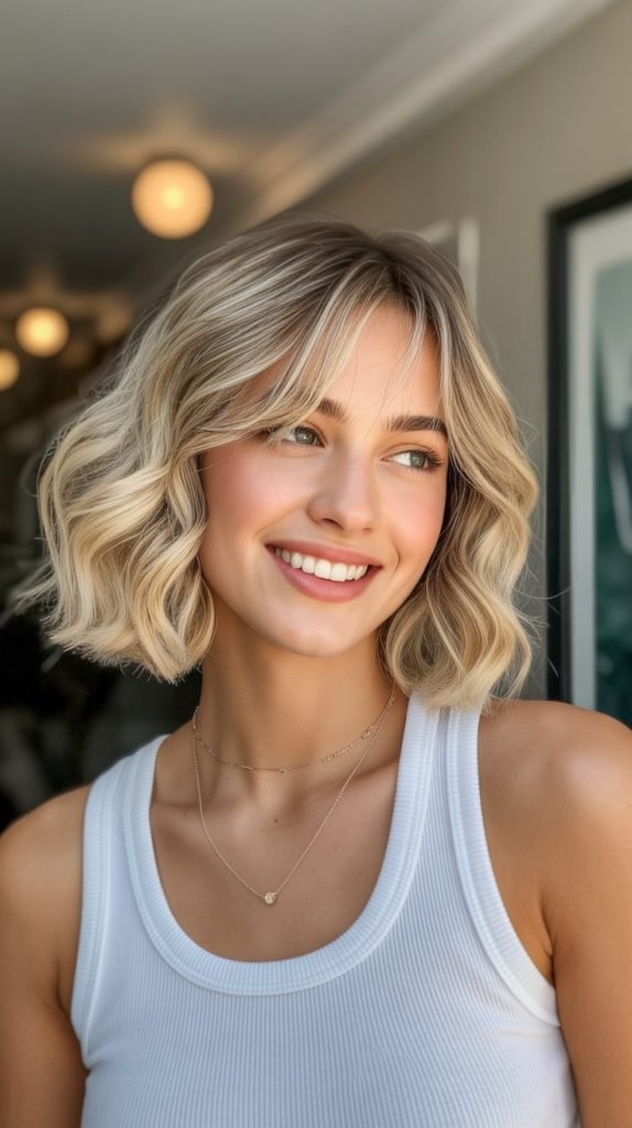 12. Beige Blonde Wavy Bob with Curtain Bang Layers