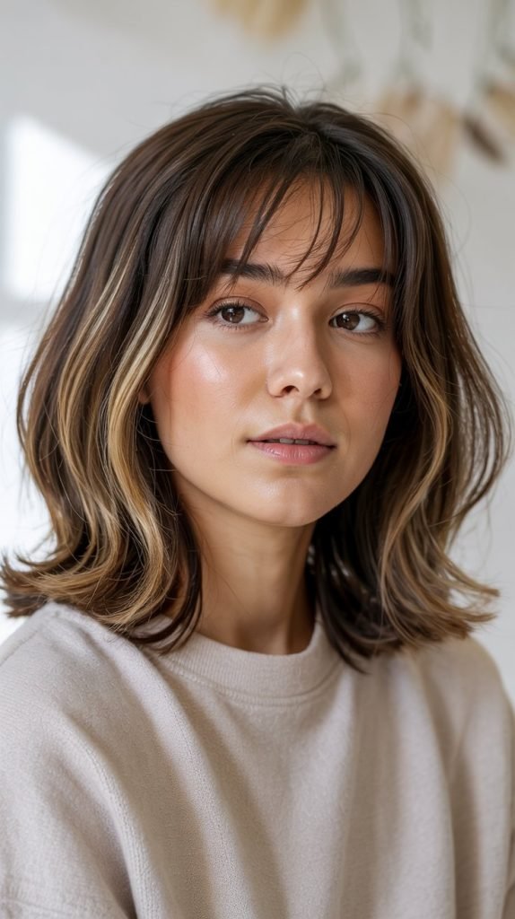 . Lob with Curtain Bangs and Baby Lights