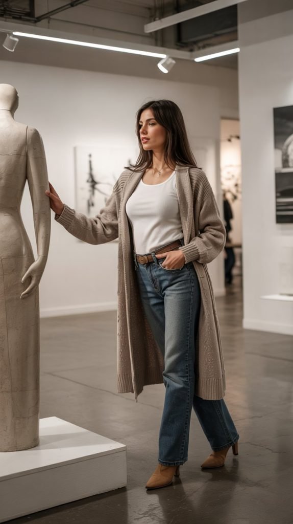 Belted Cardigan with Bootcut Jeans