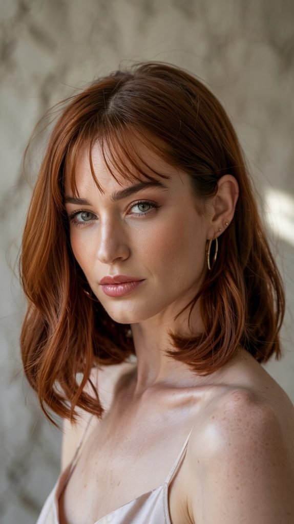 Auburn Long Bob with Copper Curtain Bangs