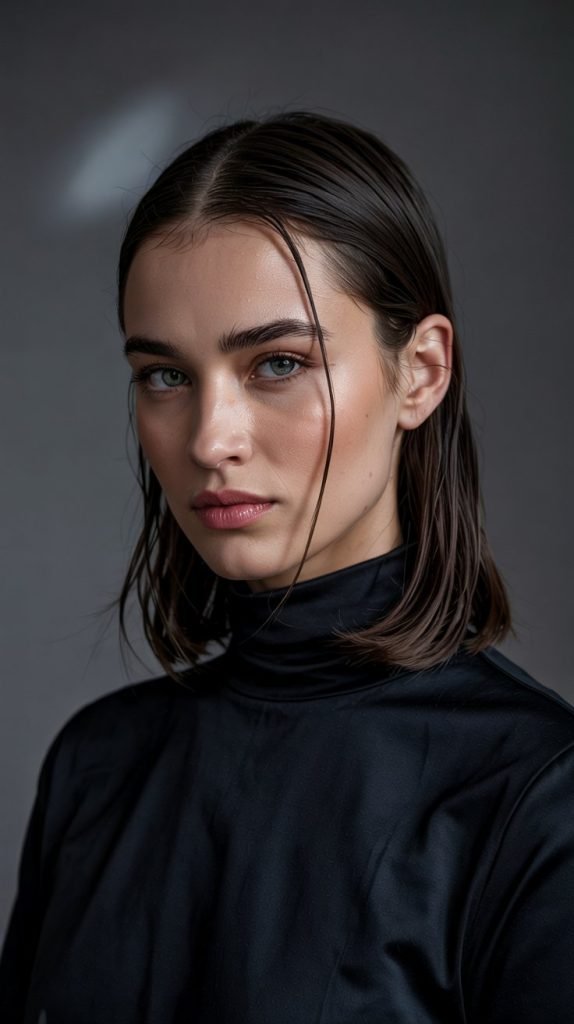 ucked Behind Ear Long Bob with Side-Draped Curtain Bangs