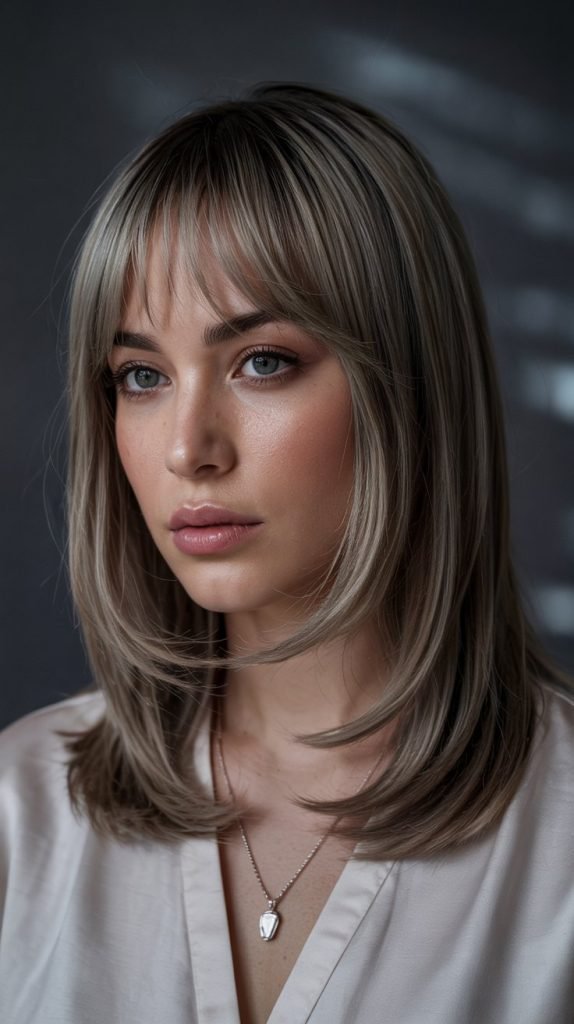 Lob with Curtain Bangs and Glossy Shine Treatment