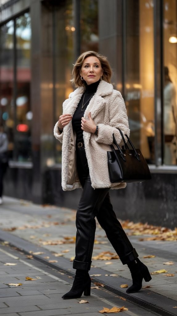 . Neutral Teddy Coat with All Black