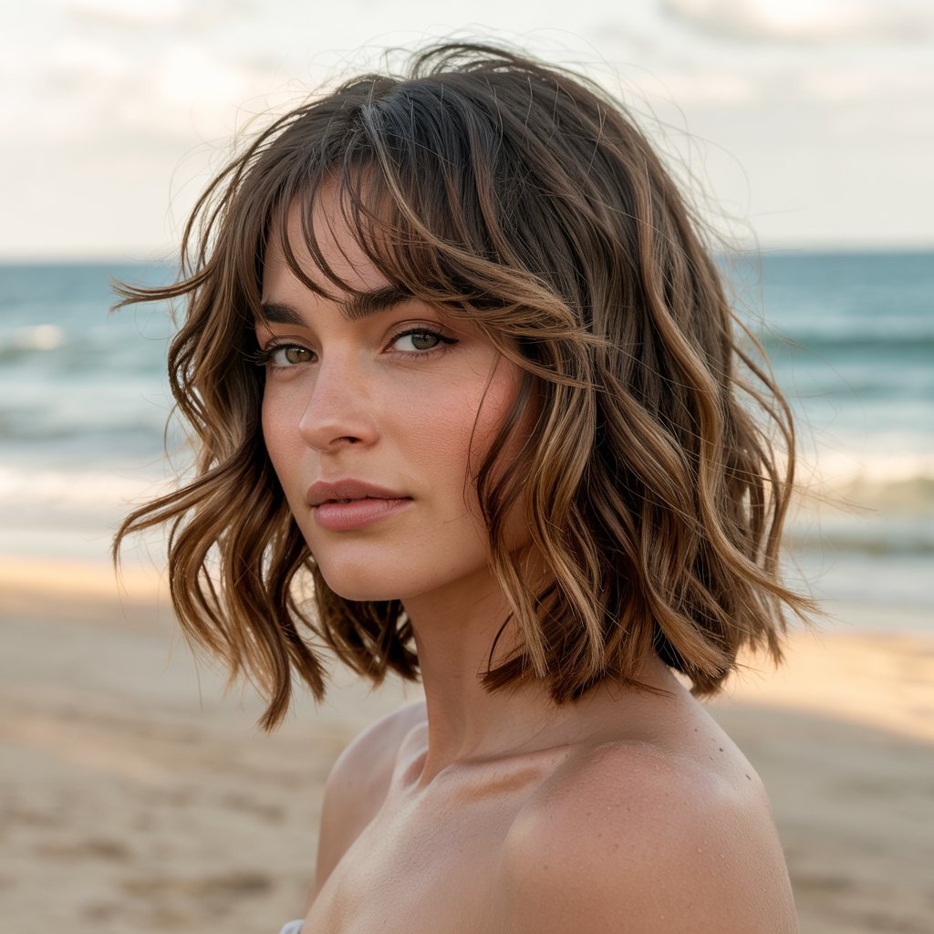 Beach Wave Long Bob with Salt-Sprayed Curtain Bangs