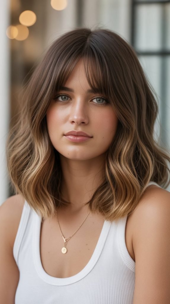 Angled Long Bob with Curtain Bangs and Beach Waves