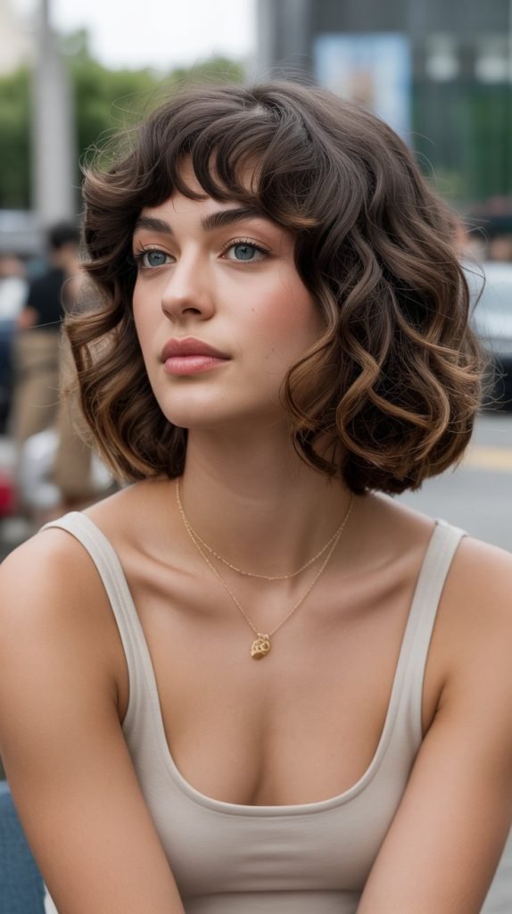  Curly Long Bob with Full Bangs