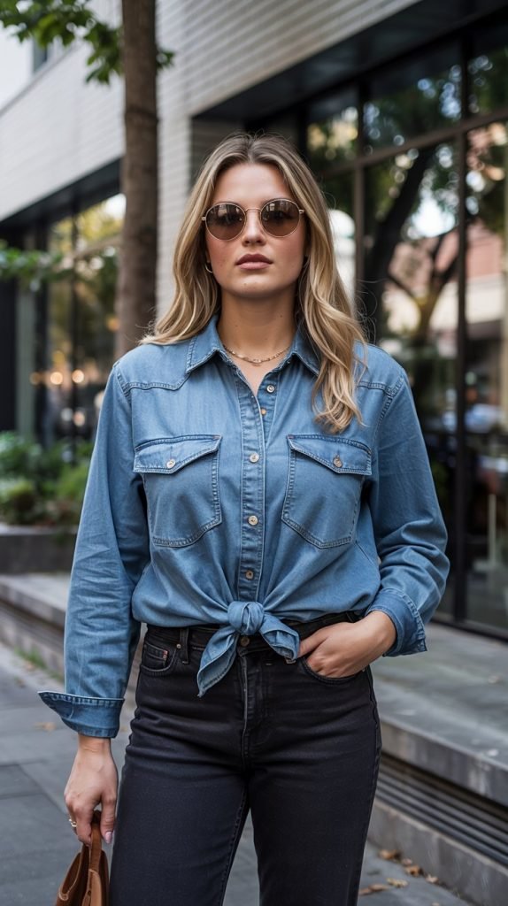 Denim Shirt and Black Jeans