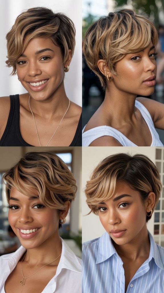 27. Pixie with Honey Blonde Balayage