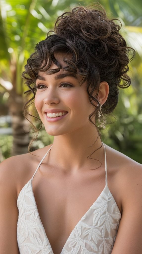 24. Curly Updo with Spiral Curl Bangs