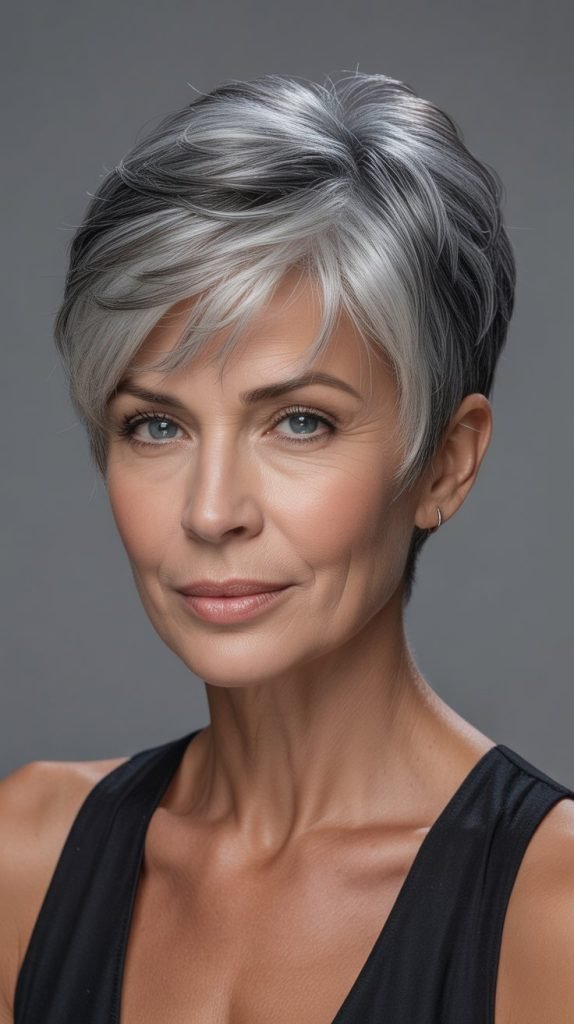 1. Charcoal Lowlights on Silver Pixie Cut