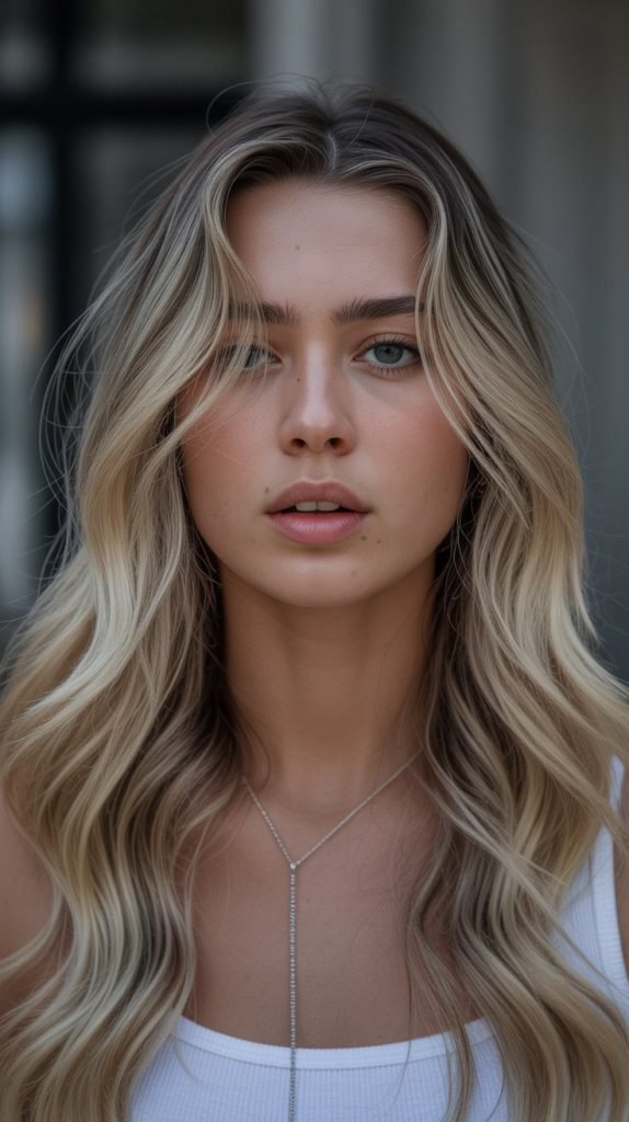 17. Highlighted Blonde Balayage with Chunky Money Piece