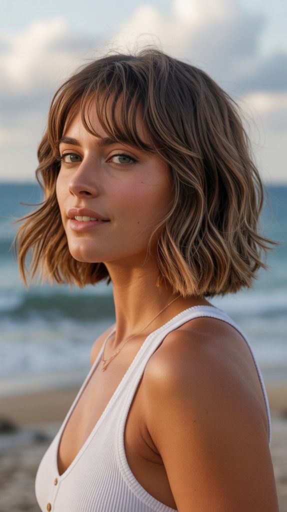 13. Beachy Long Bob with Relaxed Curtain Bangs