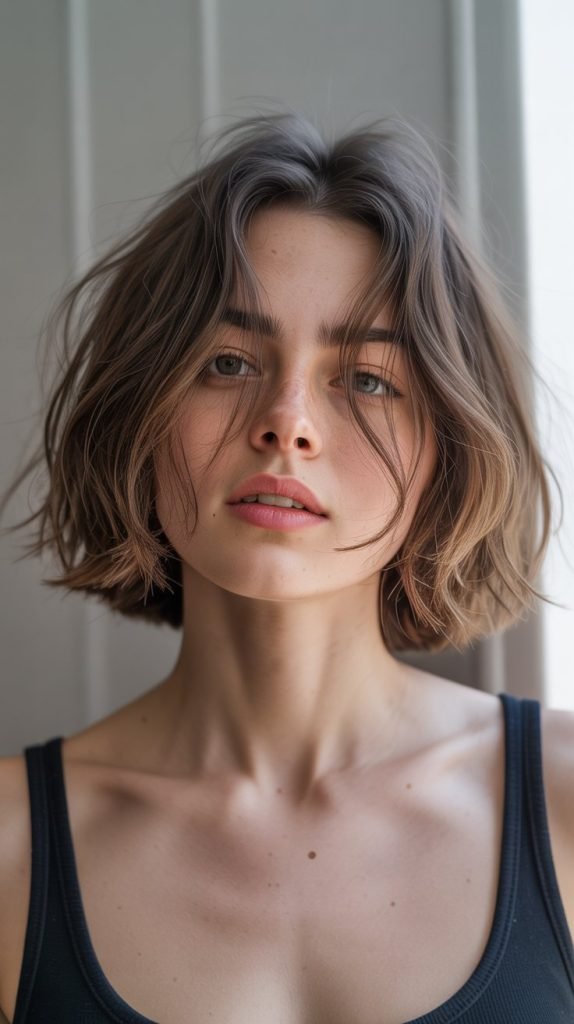  Realistic photo of a woman with a messy bedhead bob hairstyle, fine hair styled in an intentionally disheveled tousled way, undone casual aesthetic, natural lighting, effortless cool appearance with visible texture.