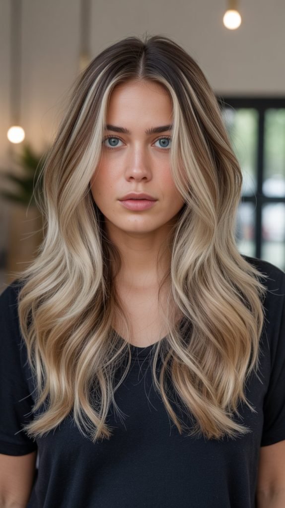 26. Rooted Blonde Balayage with Seamless Money Piece