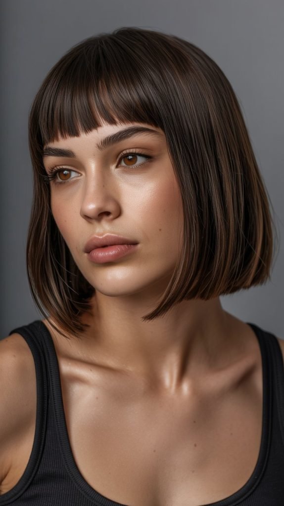 14. Straighat Long Bob with Micro Curtain Bangs