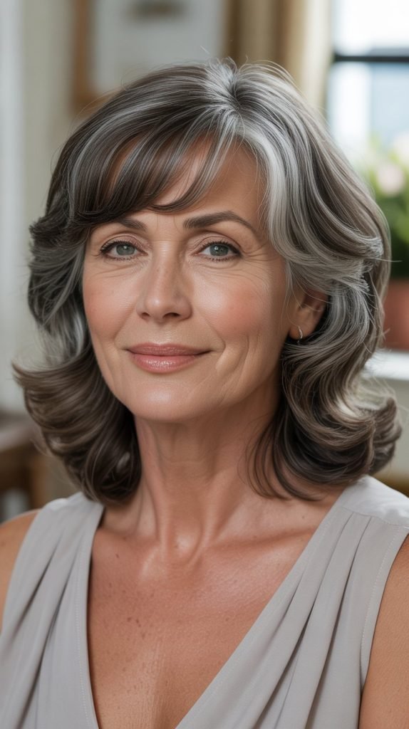 7. Ash Brown Lowlights with Side-Swept Bangs