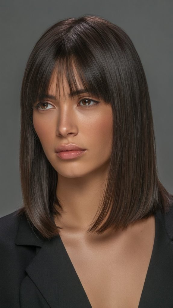 Sleek Straight Lob with Center-Parted Curtain Bangs