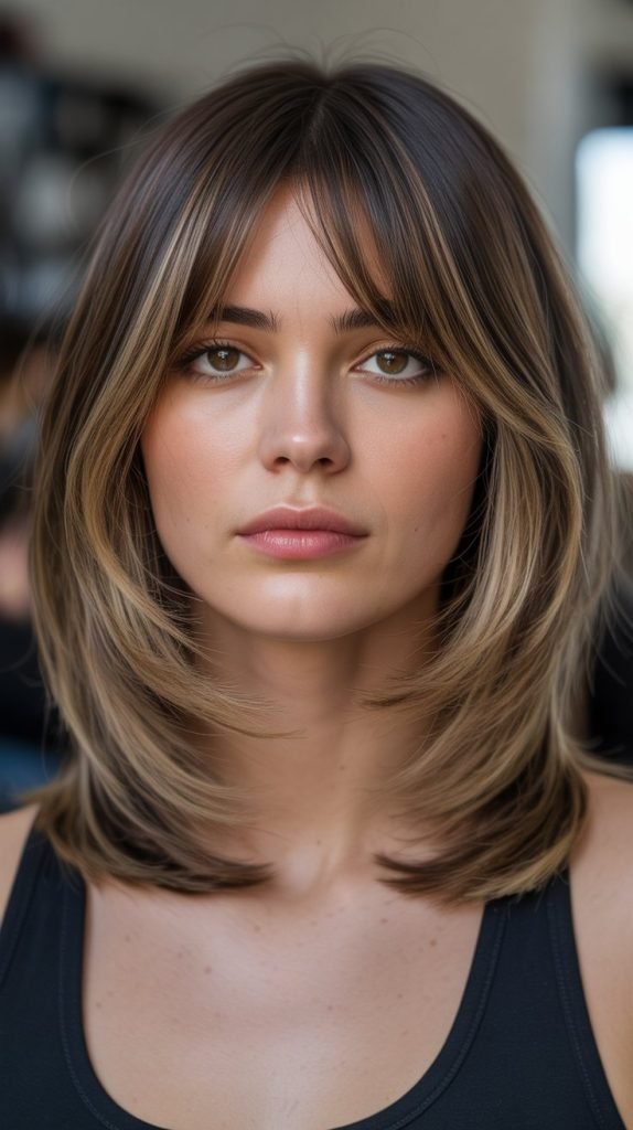  Long Bob with Curtain Bangs and Subtle Lowlights