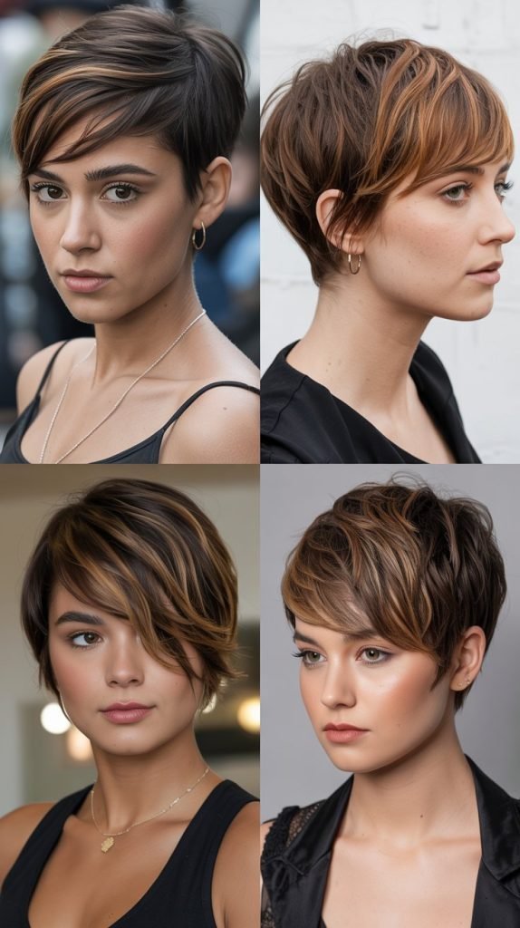 2. Asymmetrical Pixie with Caramel Highlights