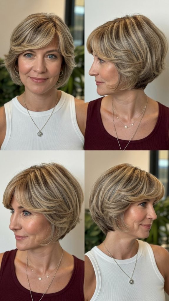 2. Layered Bob with Side-Swept Bangs