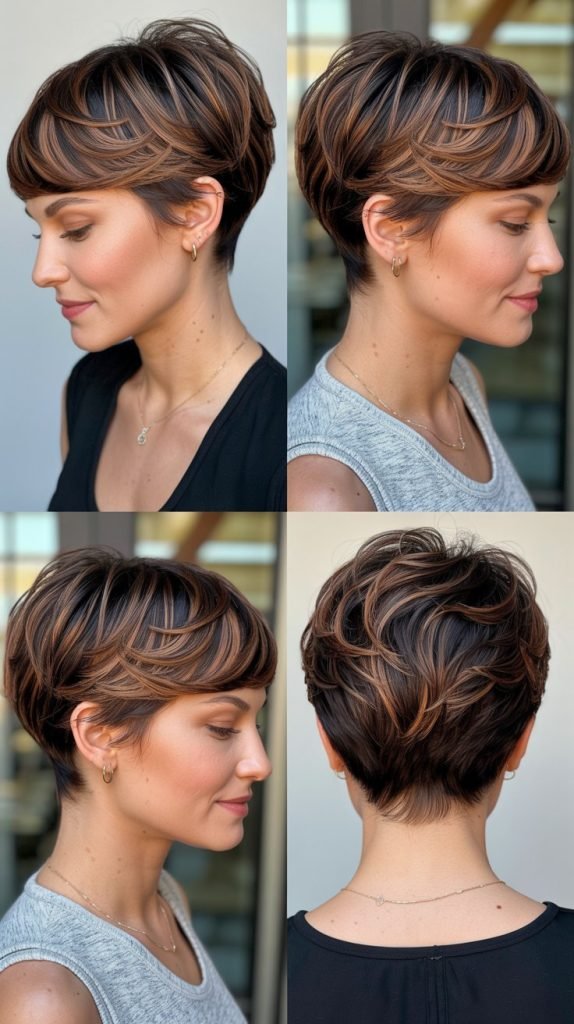 28. Pixie with Chocolate and Caramel Swirl Highlights