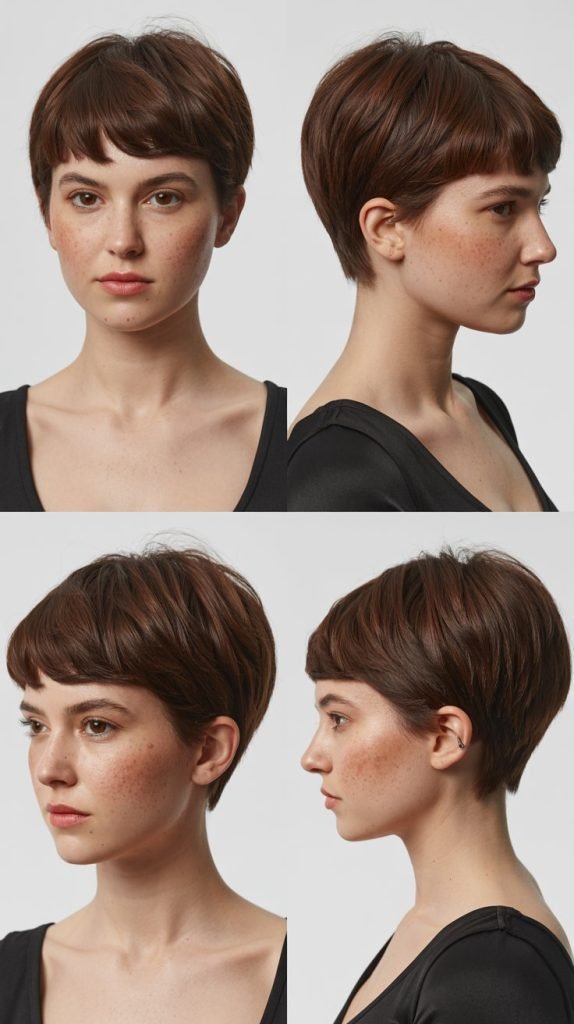 Rounded Dark Brown Pixie Bowl Cut