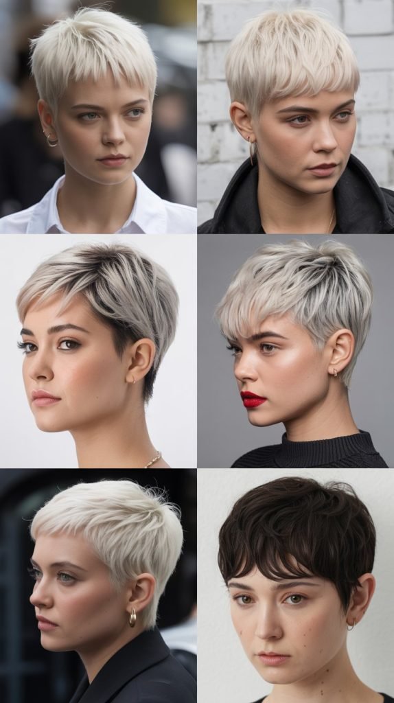 16. Platinum Pixie With Dark Root Bangs