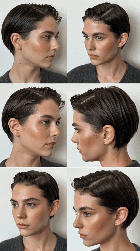 Slicked-Back Dark Brown Pixie
