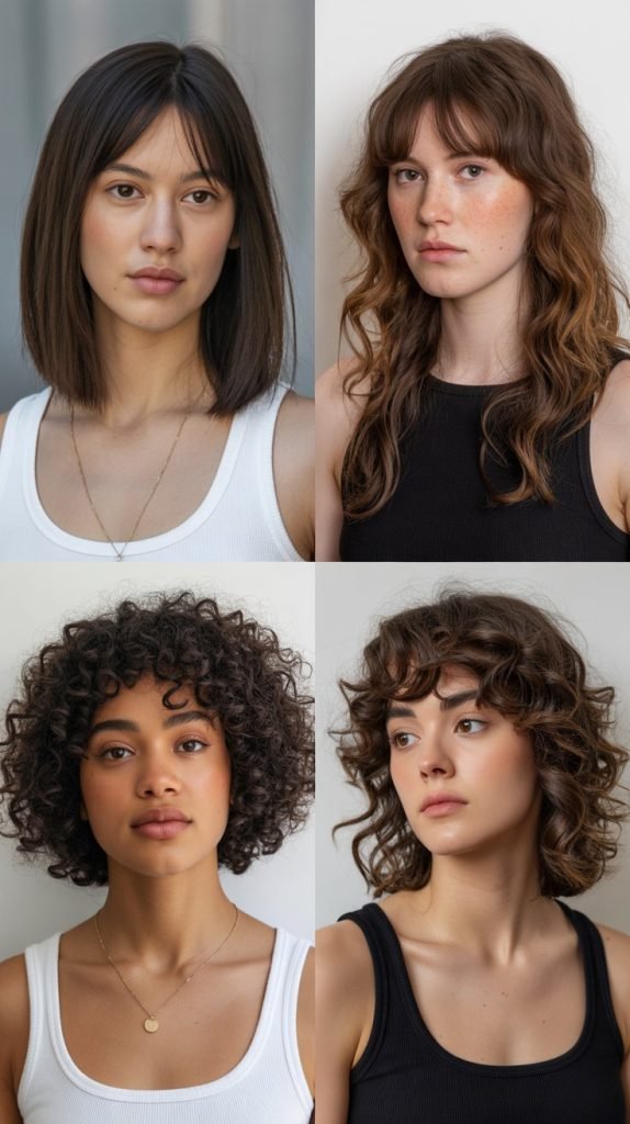 Long Bob with Curtain Bangs for Different Hair Textures