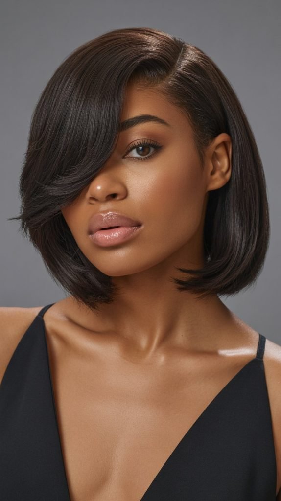 11. Side-Parted Long Bob with Dramatic Curtain Bangs