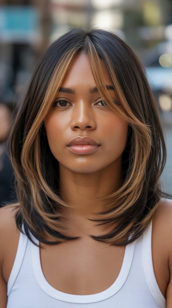 17. Long Bob with Curtain Bangs and Caramel Highlights