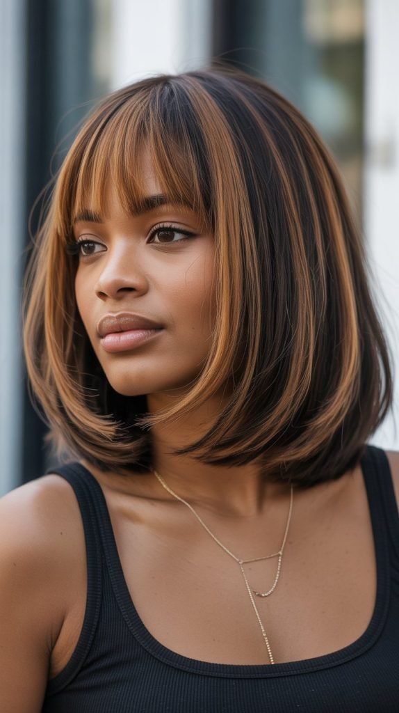 8. Long Bob with Curtain Bangs and Highlights