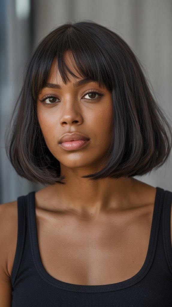  Blunt Cut Long Bob with Thick Curtain Bangs