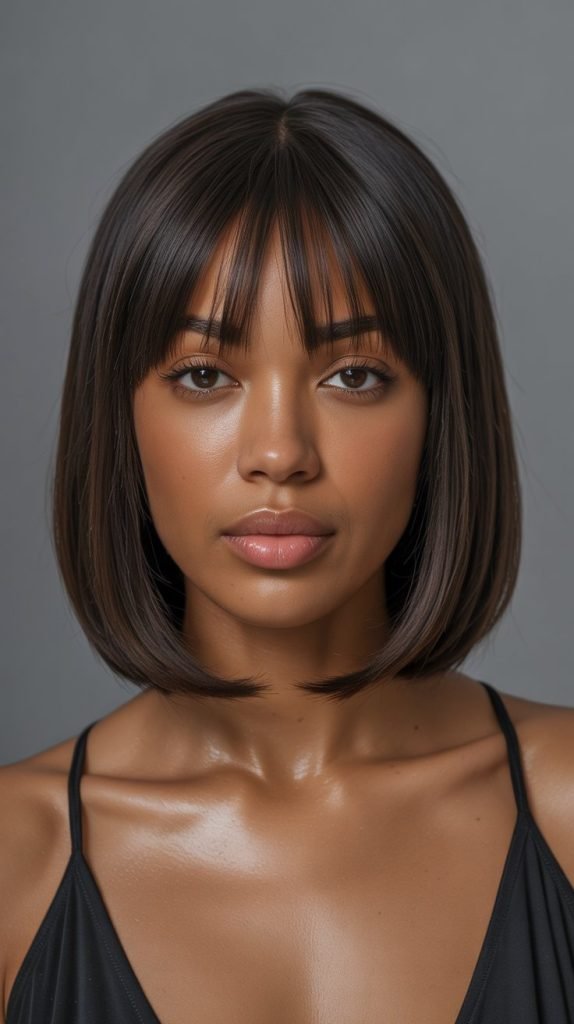  Classic Sleek Long Bob with Center-Parted Curtain Bangs