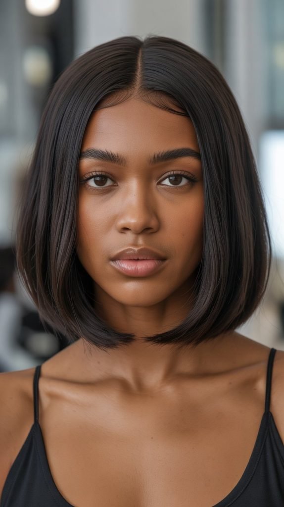 7. Sleek Middle Part Long Bob with Curtain Bangs
