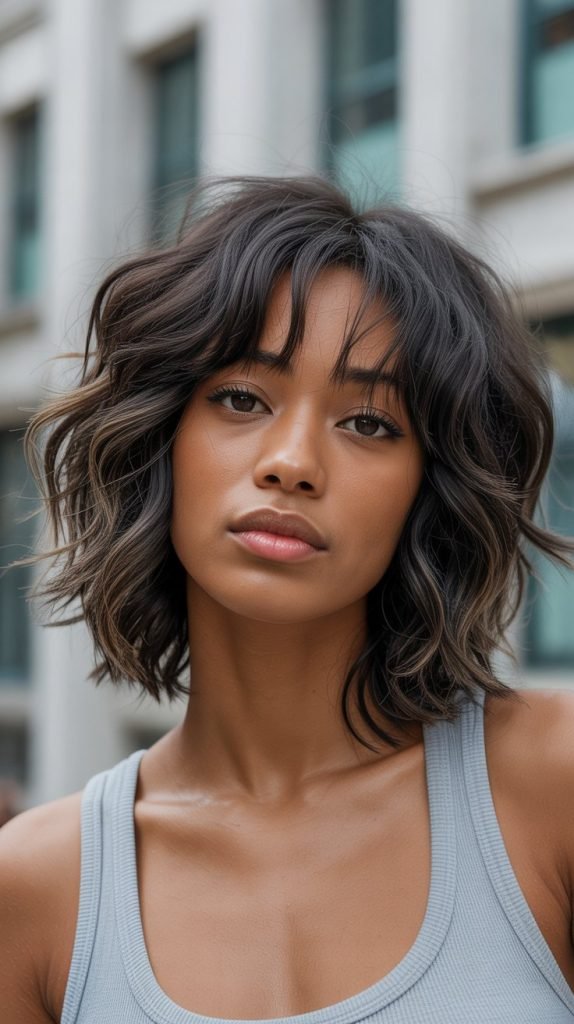 18. Long Bob with Shaggy Curtain Bangs