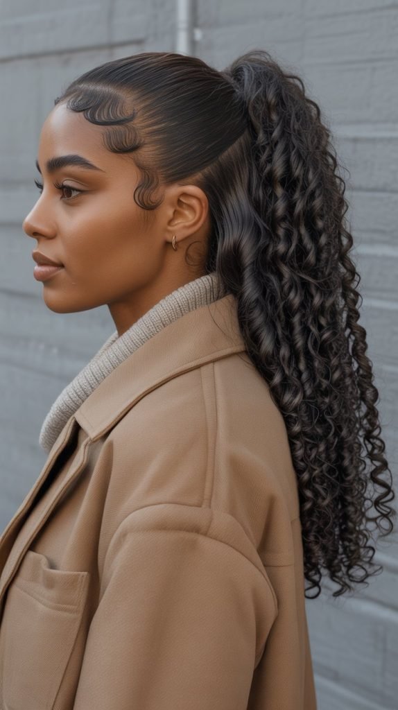 25. Slicked Back Ponytail with Curly Ends