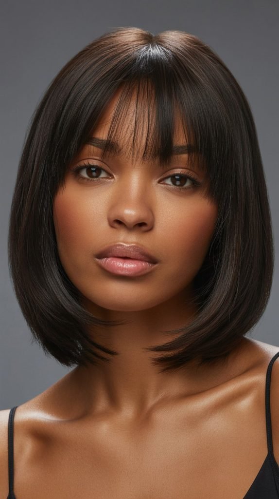 1. Classic Straight Long Bob with Soft Curtain Bangs