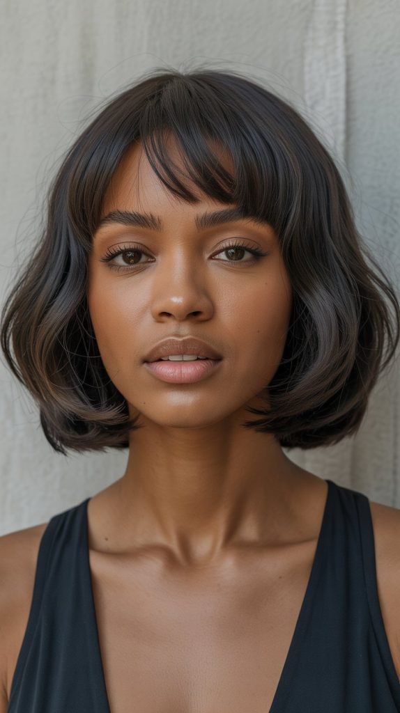 4. Blunt Cut Long Bob with Wispy Curtain Bangs