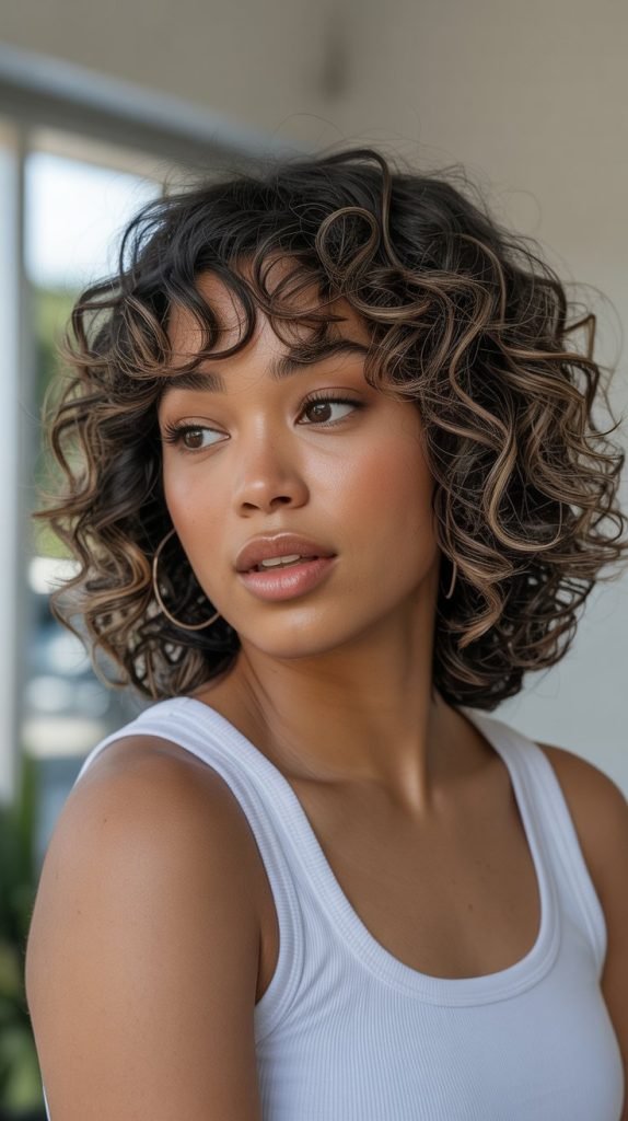 2. Textured Curly Long Bob with Wispy Curtain Bangs