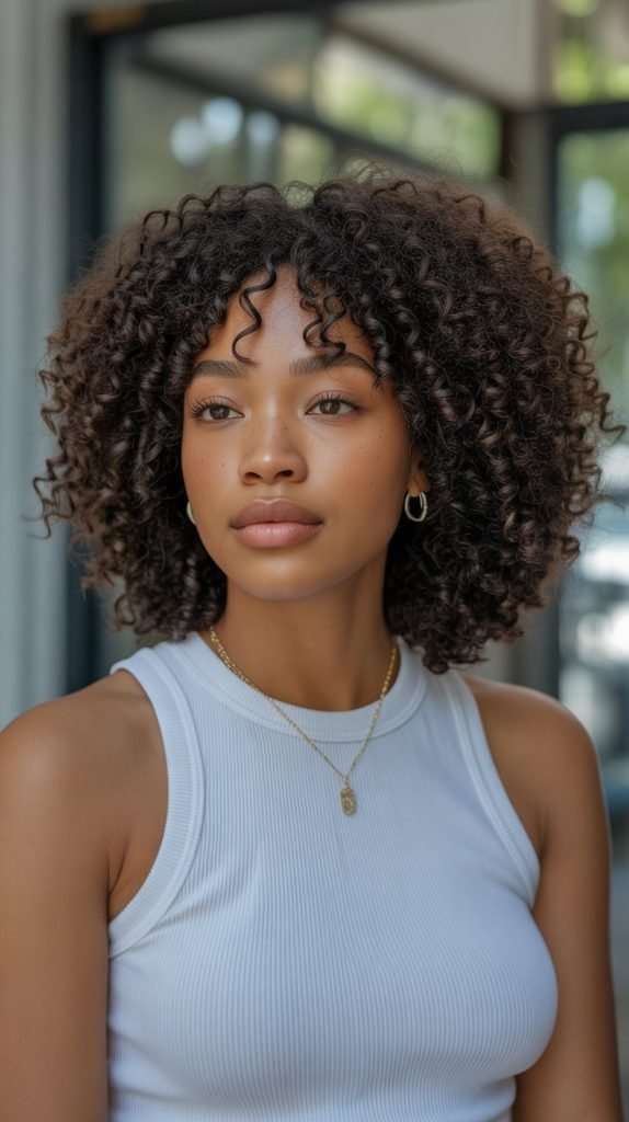 8. Natural Kinky Long Bob with Defined Curtain Bangs