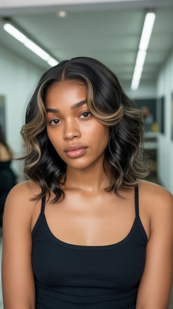 10. Protective Long Bob with Sewn-In Curtain Bangs