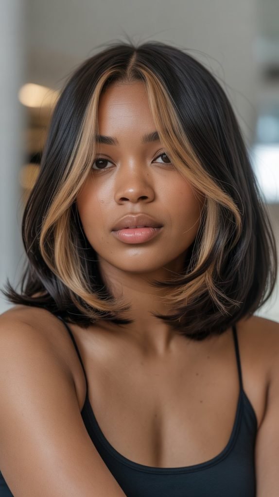 24. Long Bob with Curtain Bangs and Lowlights for Depth