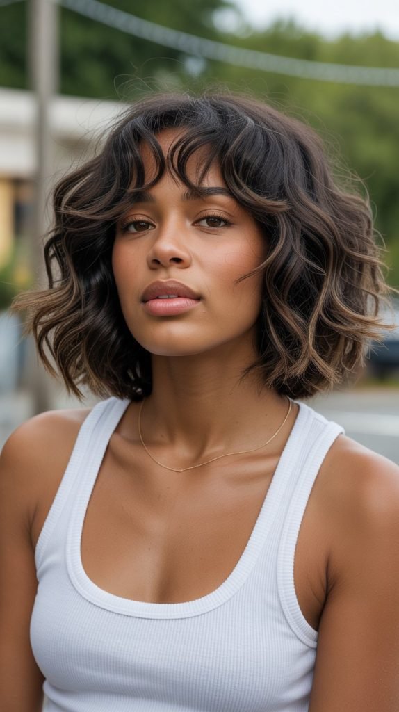 Wavy Long Bob with Soft Curtain Bangs